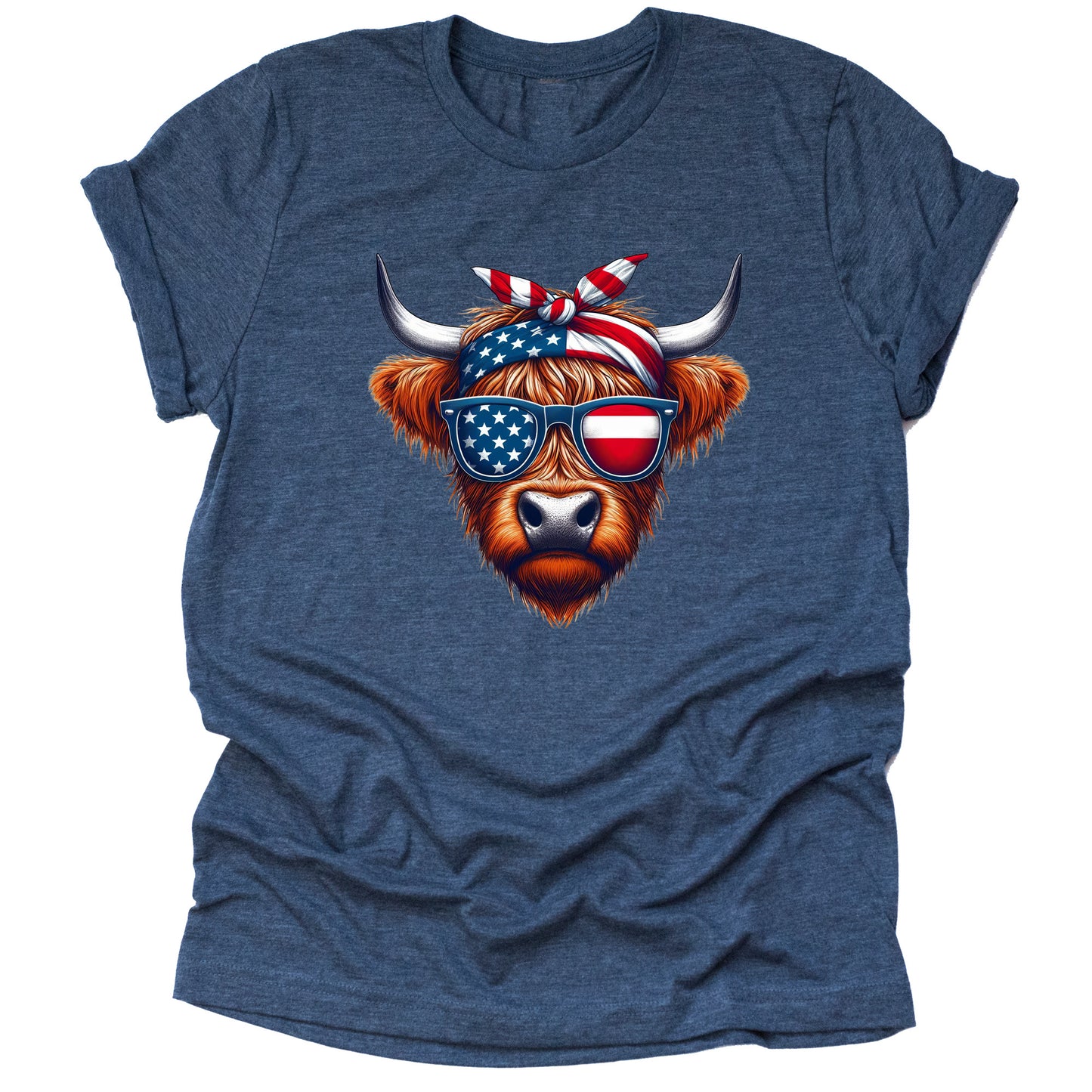 Patriotic Highland Cow with Bow July 4th American Flag Casual Short Sleeve Unisex T-Shirt