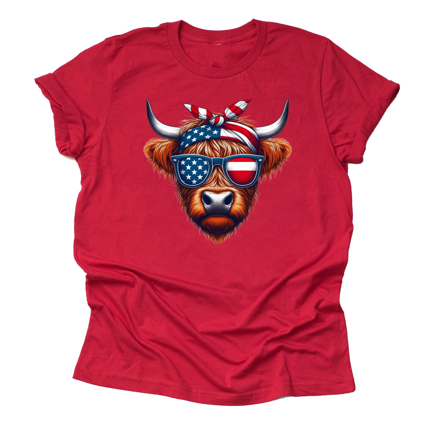 Patriotic Highland Cow with Bow July 4th American Flag Casual Short Sleeve Unisex T-Shirt