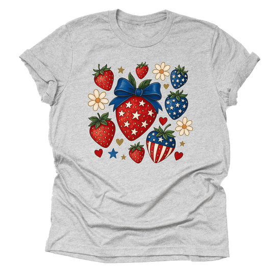 Patriotic Strawberry Bow America Flag Casual Short Sleeve Unisex T-Shirt