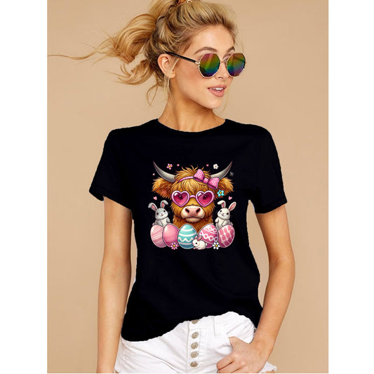 Easter Highland Cow Shirt, Easter Egg Shirt, Short Sleeve Casual Unisex