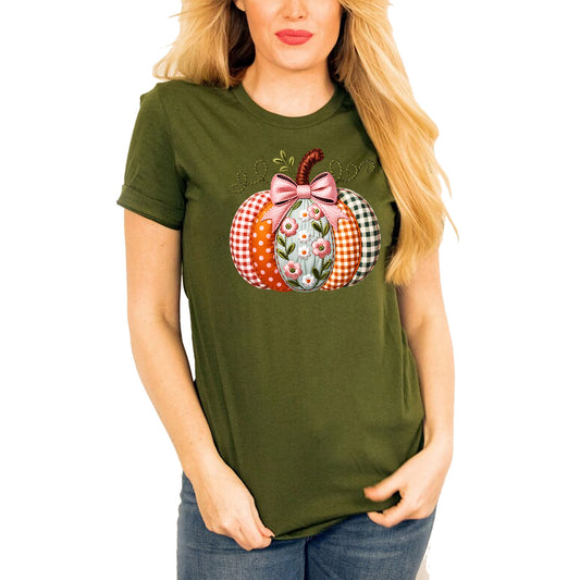 Embroidery Printed Fall Pumpkin T-Shirt – Autumn Harvest Graphic Tee, Unisex Short Sleeve Top