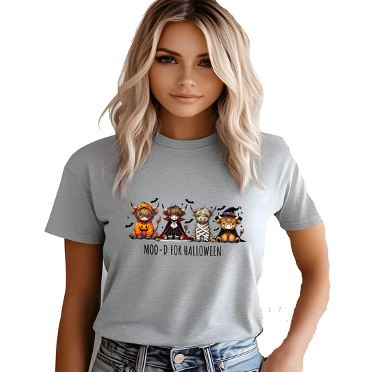 Spooky Moo-d for Halloween Shirt – Highland Cow in Costume Graphic Tee, Casual Unisex Short Sleeve