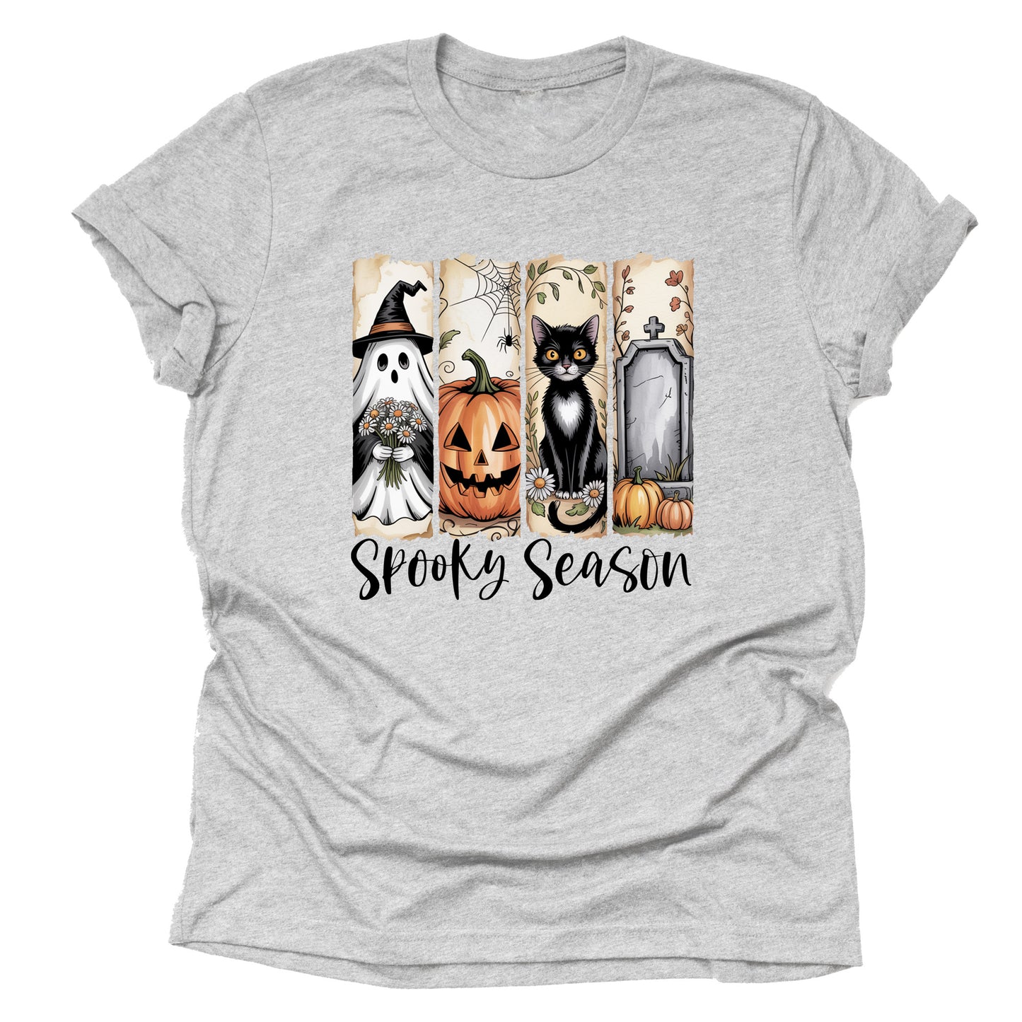 Spooky Season Halloween T-Shirt β Brush Stroke Design with Ghost, Black Cat, Pumpkins & Tombstone β Cute Fall Graphic Tee, Casual Unisex Short Sleeve Shirt for October, Trick or Treat, Autumn Vibes
