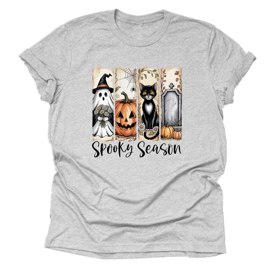 Spooky Season Halloween T-Shirt – Brush Stroke Design with Ghost, Black Cat, Pumpkins & Tombstone – Cute Fall Graphic Tee, Casual Unisex Short Sleeve Shirt for October, Trick or Treat, Autumn Vibes