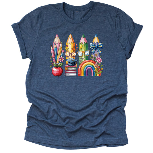 Back to School Watercolor Pencil T-Shirt – Brush Stroke Design Short Sleeve Unisex Graphic Tee for Teachers, Students, Artists & Classroom Style – Cute Artsy School Shirt