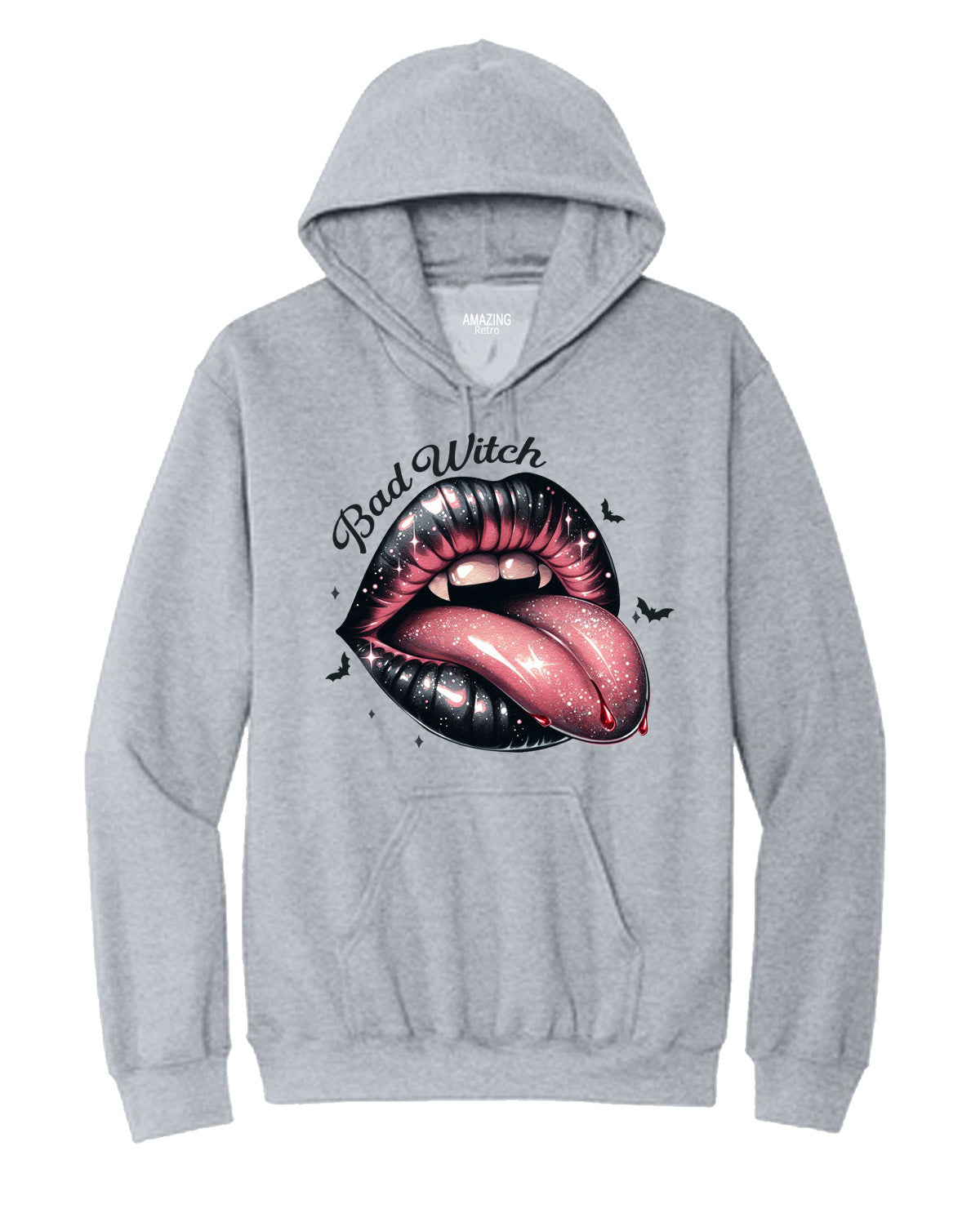 Bad Witch Pink Lip Longue Halloween Hoodie, Vampire Fangs Lips Sweatshirt Pullover Hoodie