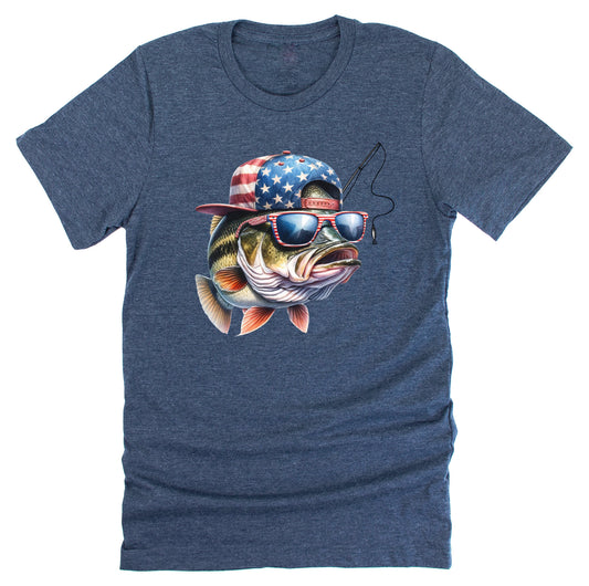Patriotic Bass Wearing American Flag Hat Casual Short Sleeve Unisex T-Shirt