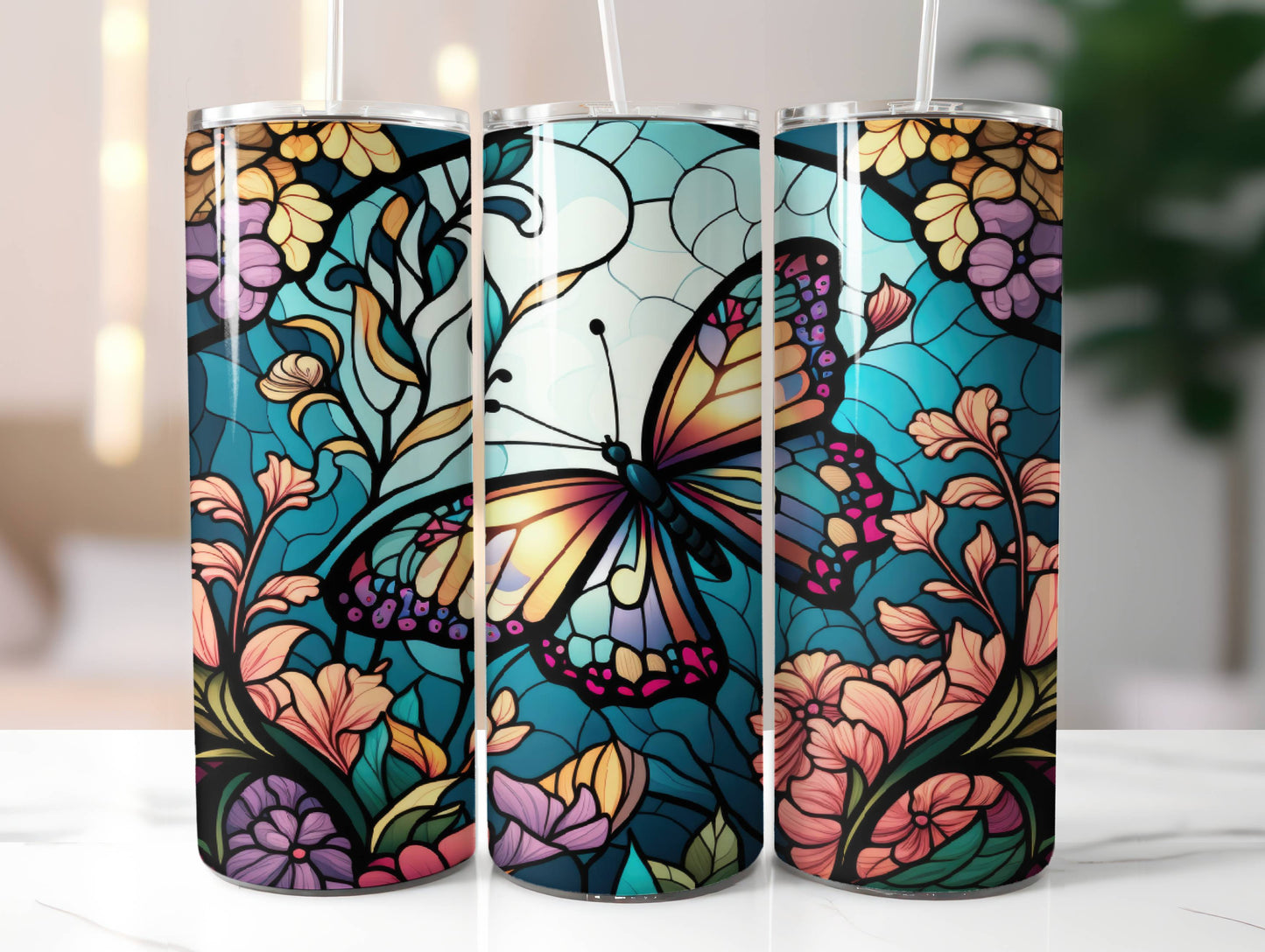 Butterfly Stained Glass Tumbler with Lid and Straw | Gifts for Women Men Reusable Stainless Steel Water Bottle Travel Mug