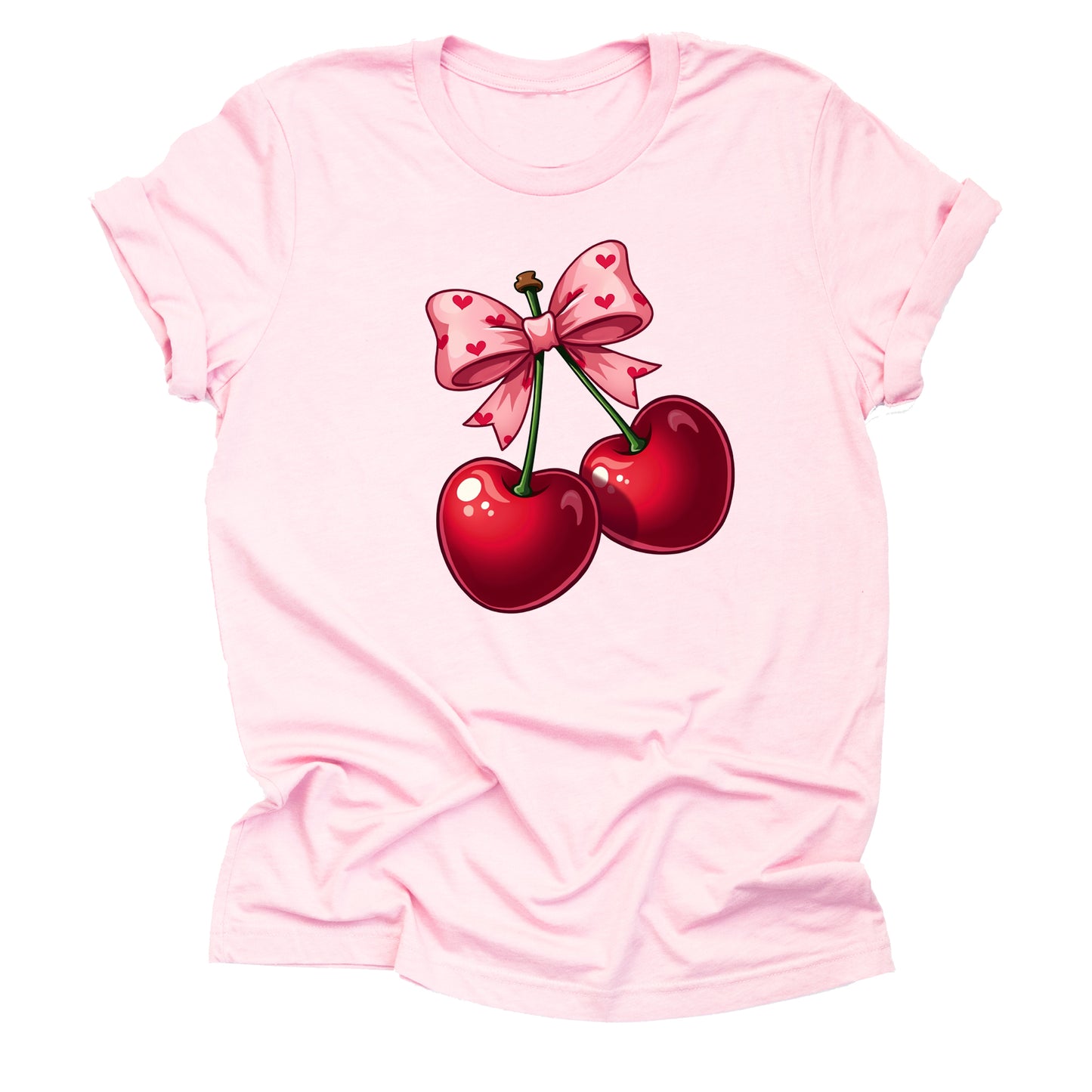 Valentine Cherry Bow Hearts Center Design Casual Short Sleeve Shirt