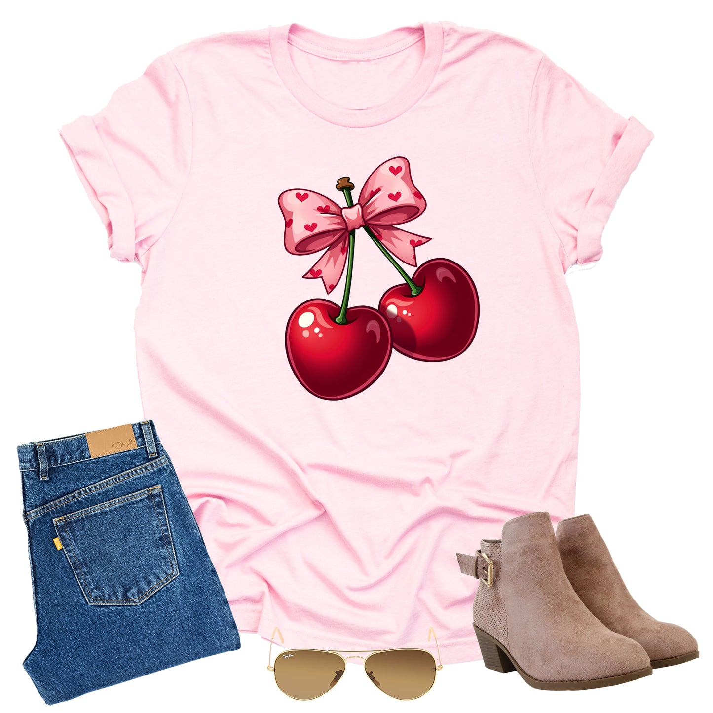 Valentine Cherry Bow Hearts Center Design Casual Short Sleeve Shirt