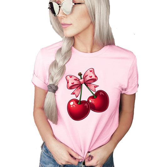 Valentine Cherry Bow Hearts Center Design Casual Short Sleeve Shirt