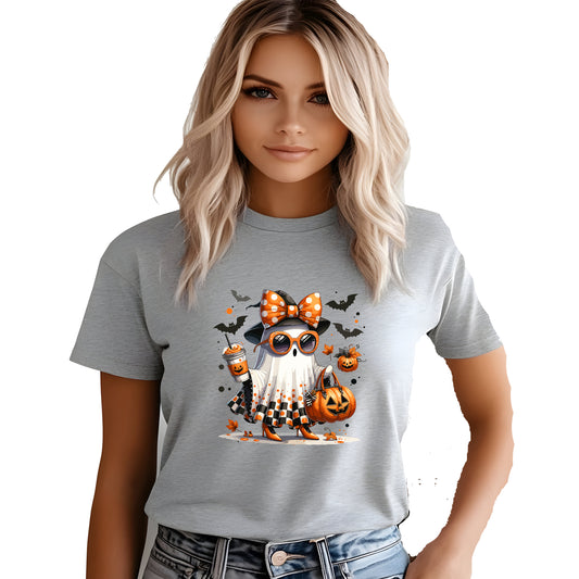 Cute Ghost with Bow & Coffee T-Shirt – Chic Halloween Graphic Tee for Men & Women