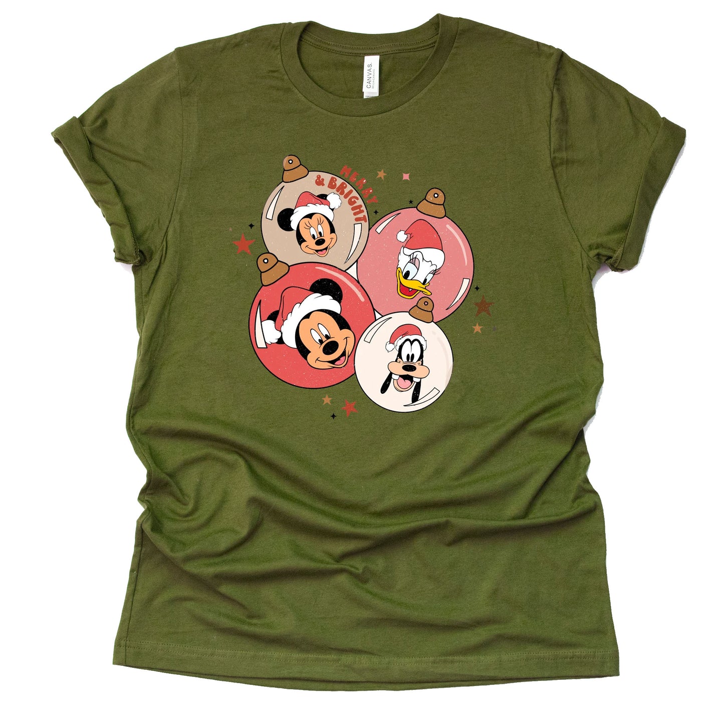 Disney Character Merry and Bright Ornaments Graphic Design Casual Short Sleeve Shirt