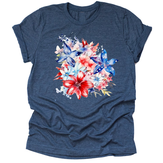 Patriotic Big flowers Bouquet American Flag Casual Short Sleeve Unisex T-Shirt