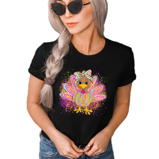 Colorful Girl Turkey, Thanksgiving Day T-Shirt, Short Sleeve Unisex Casual