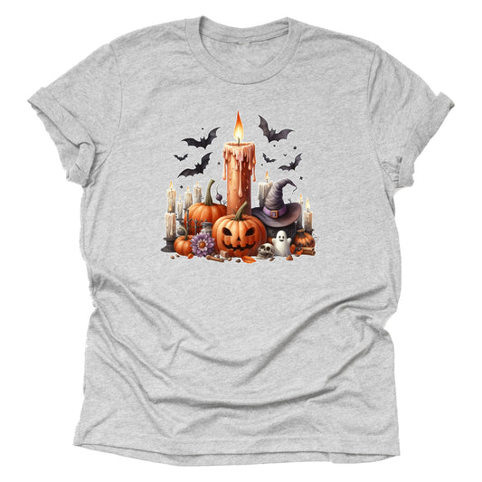 Halloween Candle Shirt | Spooky Graphic Short Sleeve Unisex T-Shirt | Fall Pumpkin Witchy Aesthetic Tee for Adults