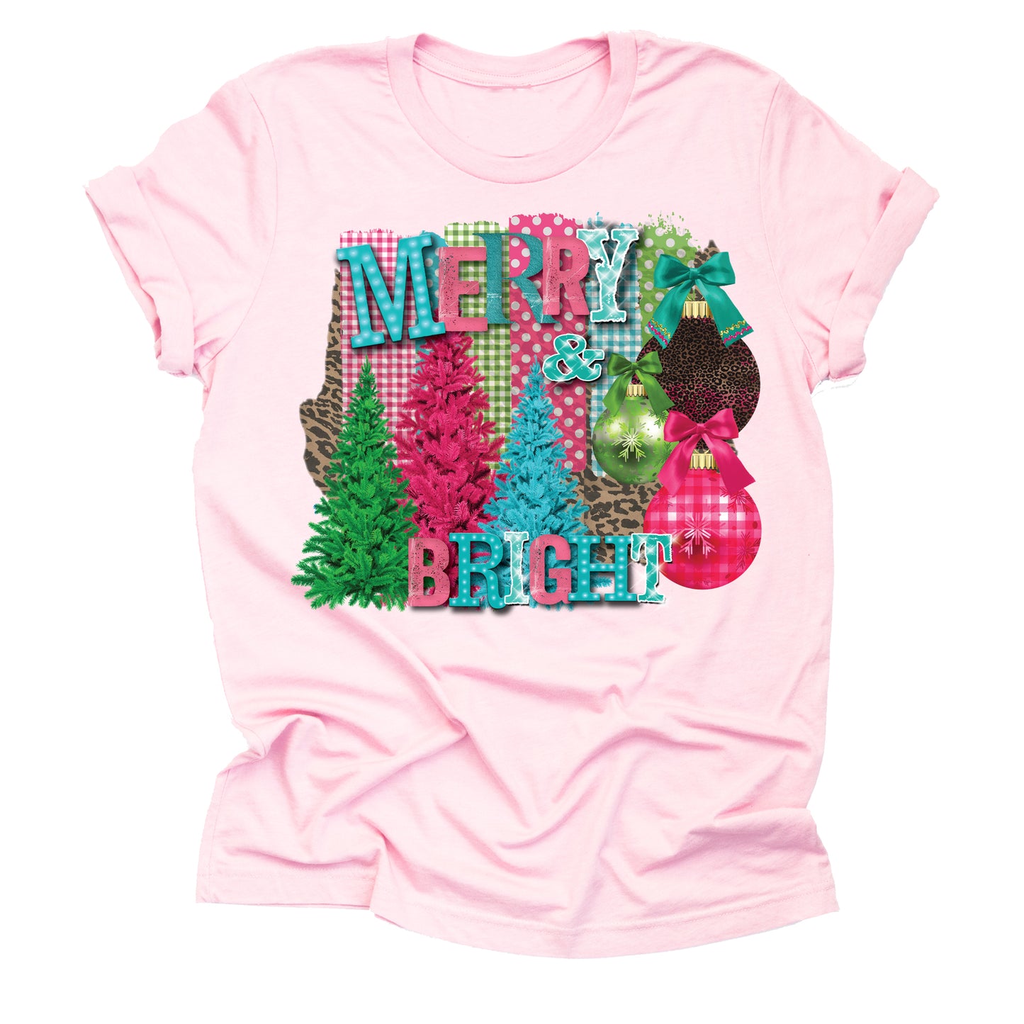 Merry and Bright Christmas T-Shirt, Blue Pink Christmas Shirt, Unisex Short Sleeve Graphic Tees