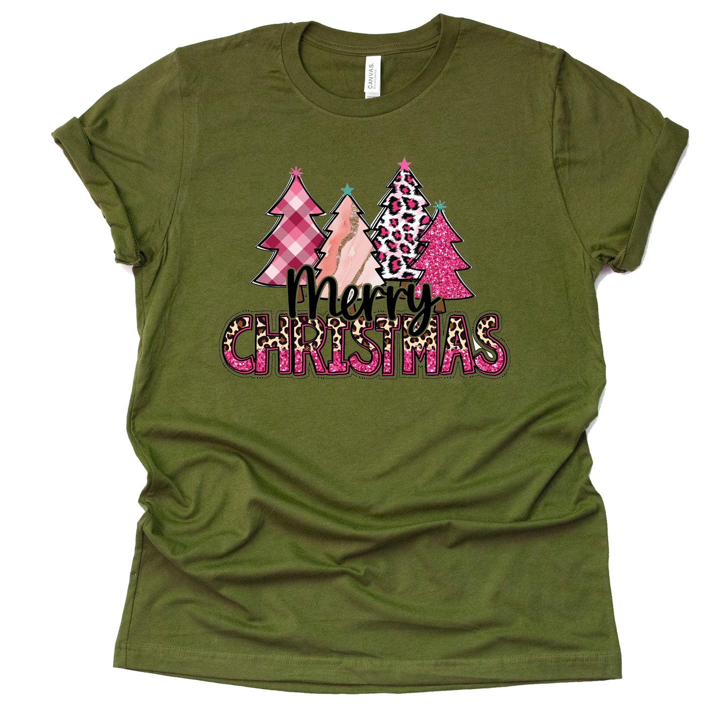 Merry Christmas Pink Leopard Plaid Trees Shirt Graphic Design Casual Short Sleeve Unisex Shirt