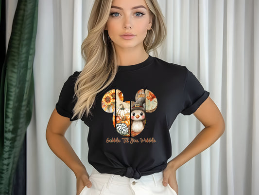 Mickey Gobble Unitl You Wobble T-Shirt – Fall Thanksgiving Graphic Tee, Sunflower-Inspired Unisex Short Sleeve