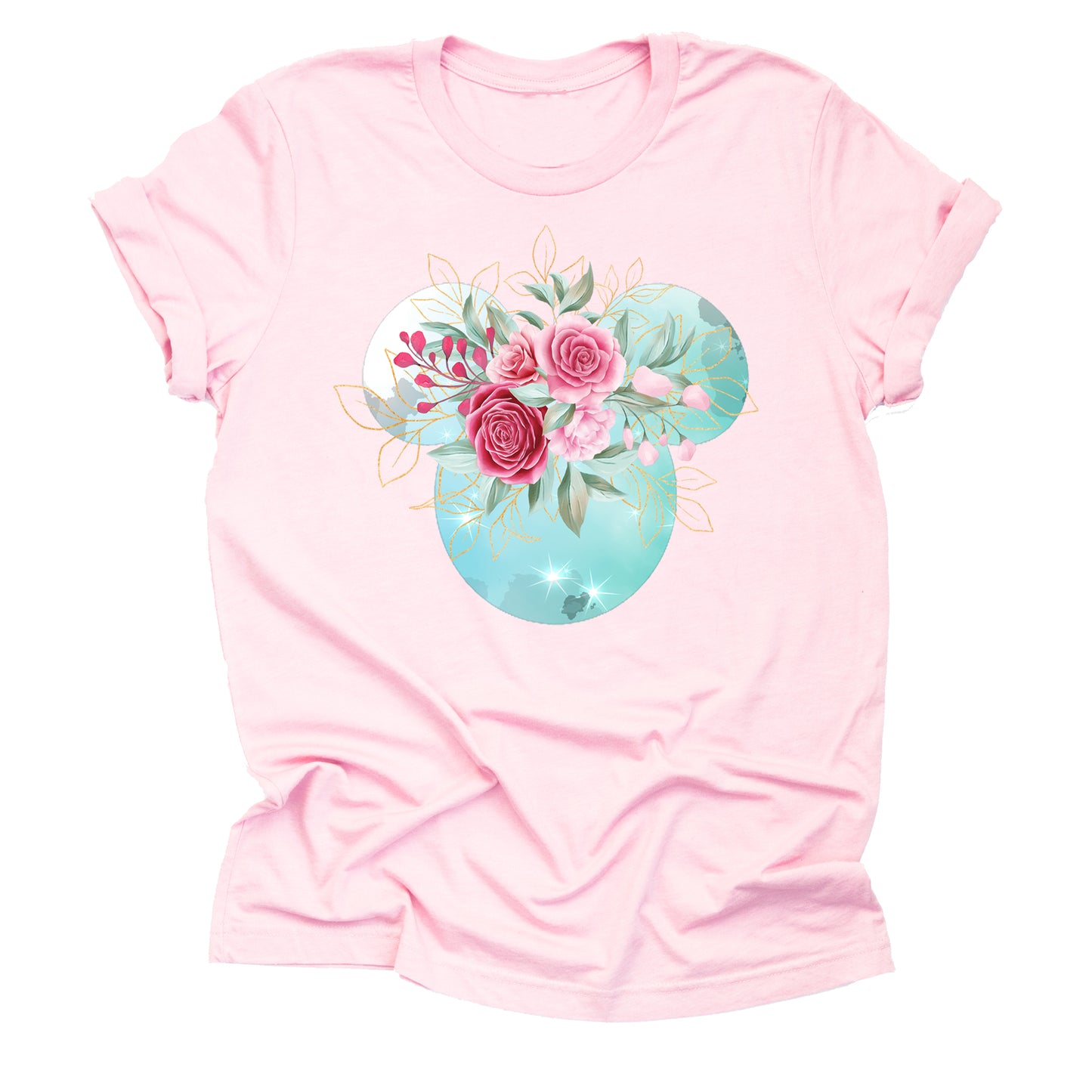 Mickey Ears Pink Flowers with Gold Leaves Shirt Floral Adult Ladies Boho Character Tshirt