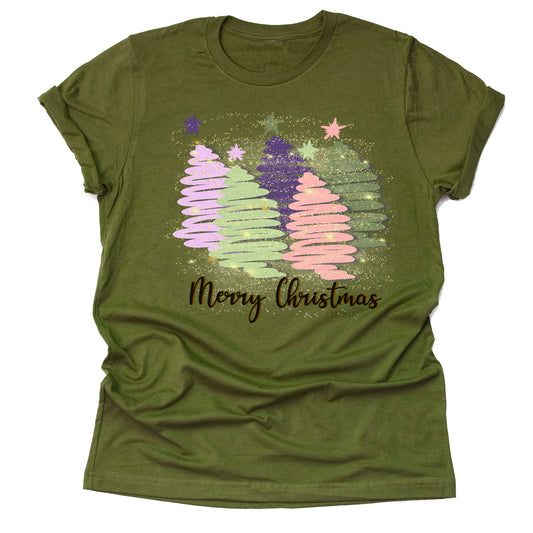 Christmas Pastel Swirl Trees Graphic Design Unisex Short Sleeve Shirt