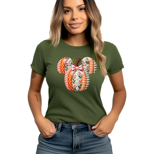Mickey Minnie Autumn Patchwork Graphic T-Shirt – Short Sleeve Unisex Tee for Fall Outfits" Thanksgiving Fall Harvest