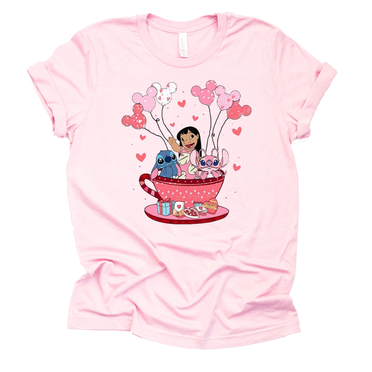 Stitch Cup Balloons Valentine Graphic Design Casual Short Sleeve Shirt