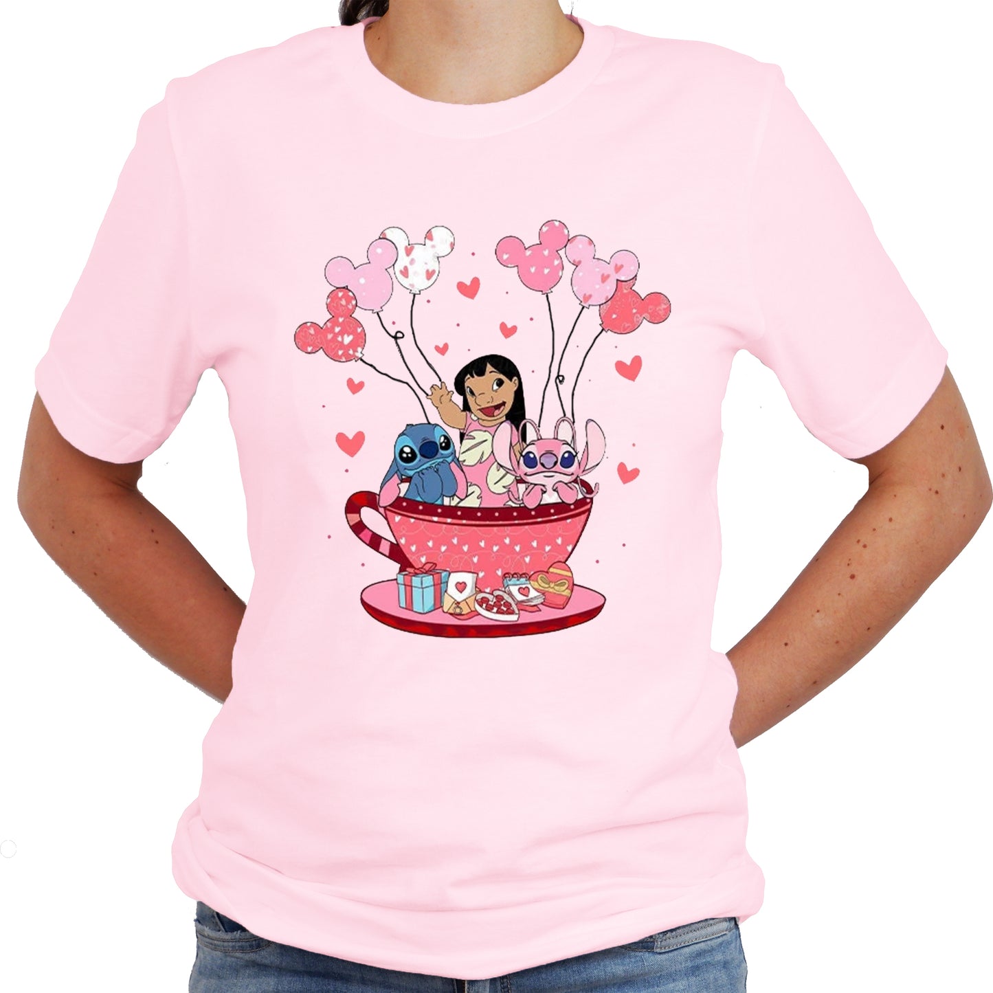 Stitch Cup Balloons Valentine Graphic Design Casual Short Sleeve Shirt