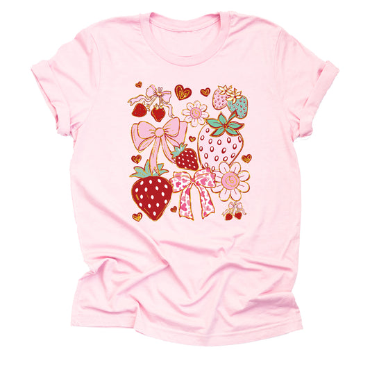 Strawberry Coquette Bows Flowers Short Sleeve Unisex T-Shirt:
