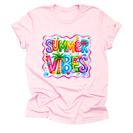Summer Vibes Colorful Graphic T-Shirt – Retro Aesthetic Short Sleeve Unisex Tee for Beach, Vacation, Boho Style, Lightweight Casual Summer Shirt