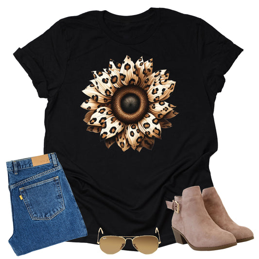 Autumn Leopard Sunflower T Shirt Cute Flower Graphic Loose Tees Crew Neck Short Sleeve Casual Tops