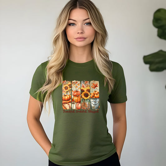 Thankful Grateful Blessed Autumn Pumpkin T-Shirt – Thanksgiving Graphic Tee, Sunflower-Inspired Unisex Short Sleeve
