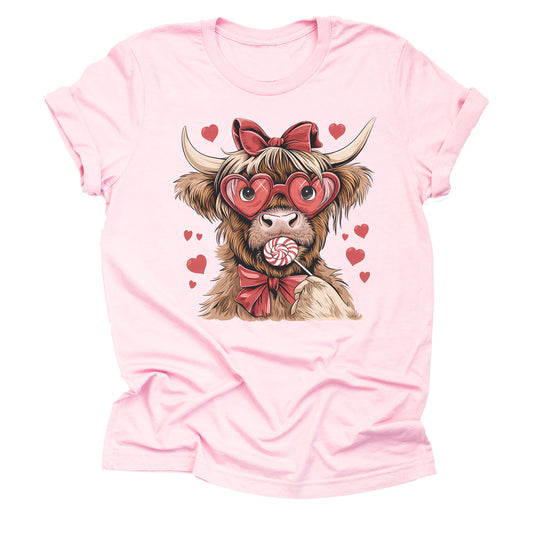 Valentine Highland Cow Hearts Lollypop Graphic Design Casual Short Sleeve Shirt