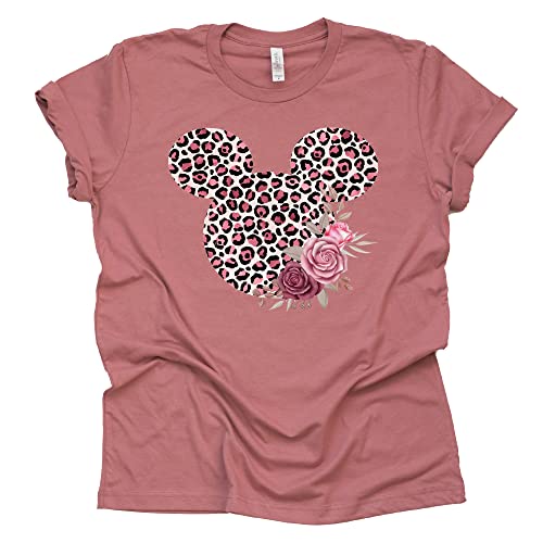 Women Teen Leopard Print Mickey Ears with Flowers Shirt Floral Adult Women Ladies Boho Character Tshirt