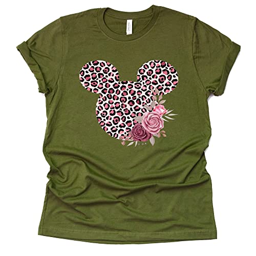 Women Teen Leopard Print Mickey Ears with Flowers Shirt Floral Adult Women Ladies Boho Character Tshirt
