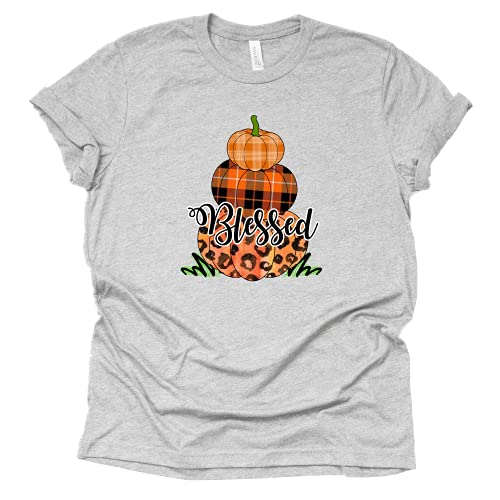 Womens Blessed Stacked Pumpkins Thankful Printed T-Shirt Casual Thanksgiving Christian Tee Tops