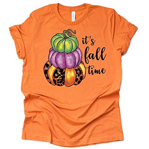 It's Fall time Stacked Pumpkins T Shirt Plaid Pumpkin Shirt Thankful Printed T-Shirt Casual Thanksgiving Christian Tee Tops