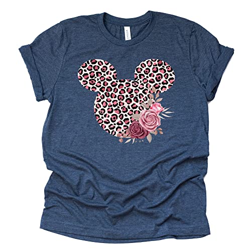 Women Teen Leopard Print Mickey Ears with Flowers Shirt Floral Adult Women Ladies Boho Character Tshirt