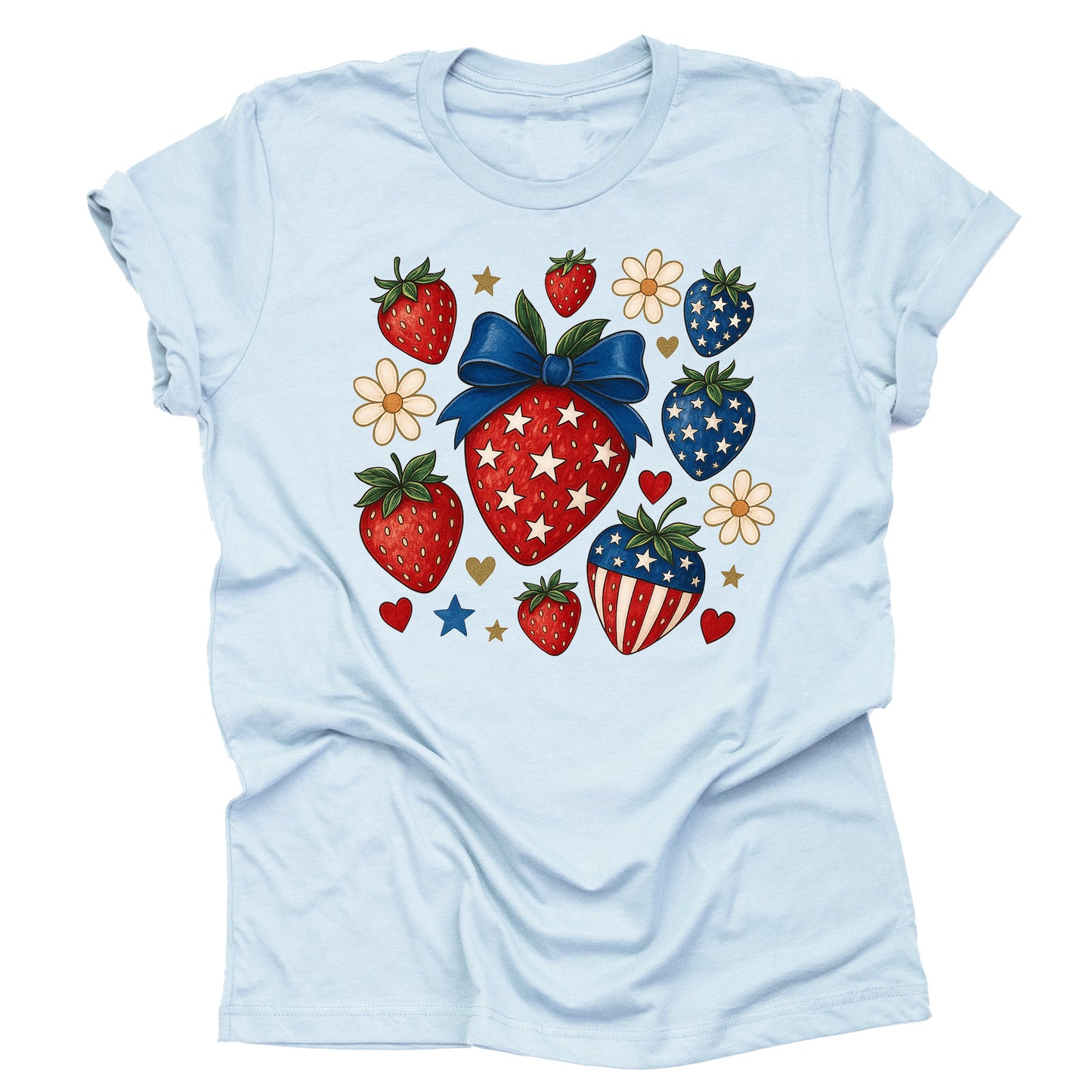 Patriotic Strawberry Bow America Flag Casual Short Sleeve Unisex T-Shirt