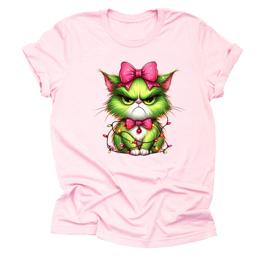 Green Angry Christmas Cat with Lights Pink Bow Short Sleeve Unisex T-Shirt