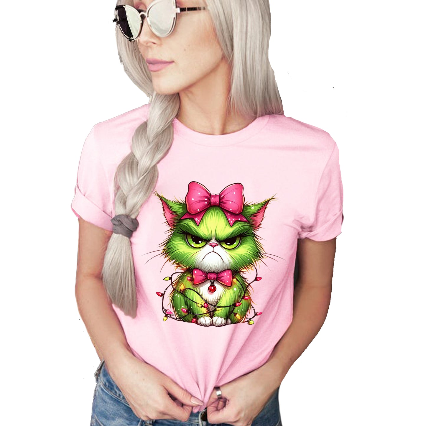 Green Angry Christmas Cat with Lights Pink Bow Short Sleeve Unisex T-Shirt