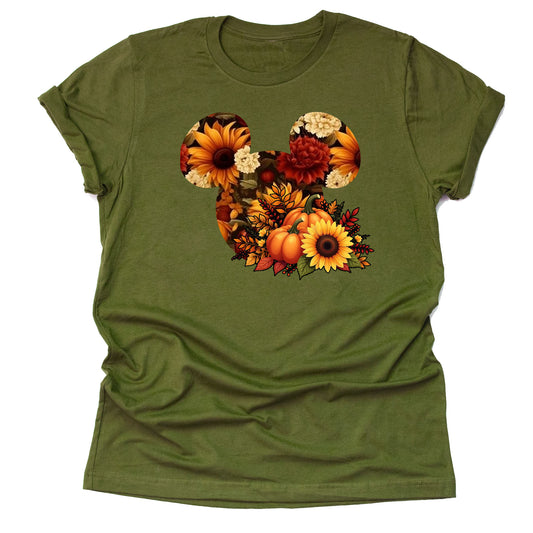 Mickey Sunflower Autumn Pumpkin T-Shirt – Thanksgiving Graphic Tee, Sunflower-Inspired Unisex Short Sleeve