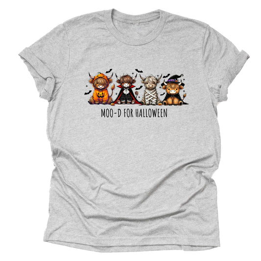 Spooky Moo-d for Halloween Shirt – Highland Cow in Costume Graphic Tee, Casual Unisex Short Sleeve