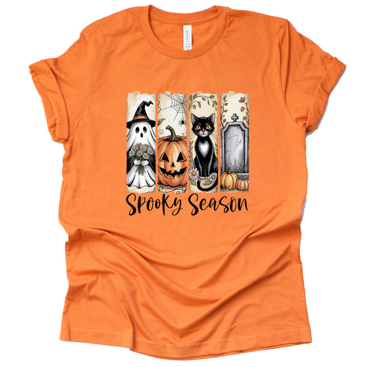 Spooky Season Halloween T-Shirt – Brush Stroke Design with Ghost, Black Cat, Pumpkins & Tombstone – Cute Fall Graphic Tee, Casual Unisex Short Sleeve Shirt for October, Trick or Treat, Autumn Vibes