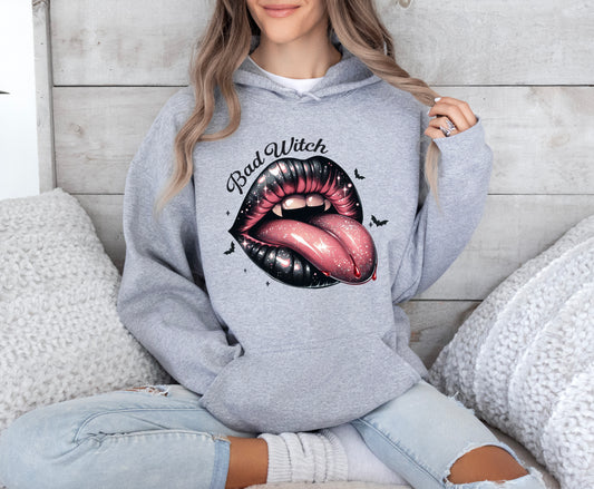 Bad Witch Pink Lip Longue Halloween Hoodie, Vampire Fangs Lips Sweatshirt Pullover Hoodie