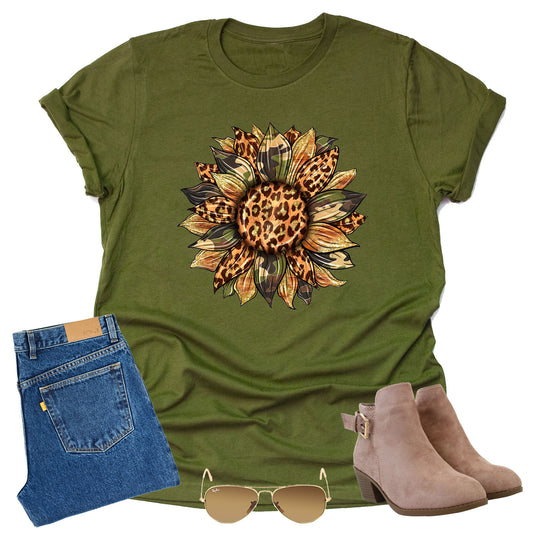 Autumn Camo Sunflower T Shirt Cute Flower Graphic Loose Tees Crew Neck Short Sleeve Casual Tops