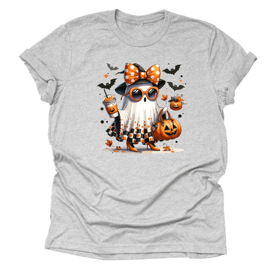 Cute Ghost with Bow & Coffee T-Shirt – Chic Halloween Graphic Tee for Men & Women