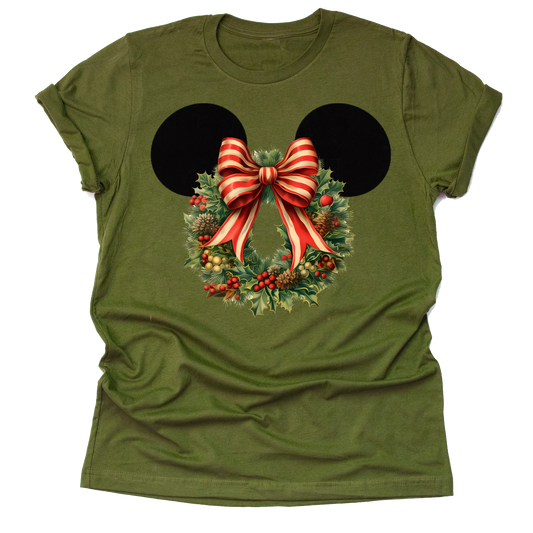 Minnie Mickey Ears Christmas Flower Wreath Women T shirt Fall Floral Winter Floral Antique Bow