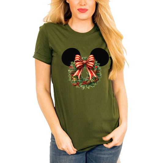 Minnie Mickey Ears Christmas Flower Wreath Women T shirt Fall Floral Winter Floral Antique Bow