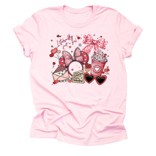 Minnie Literally Just a Girl Valentine Graphic Shirt, Theme Park Orlando Graphic Tee, Cute Unisex Short Sleeve Casual T-Shirt